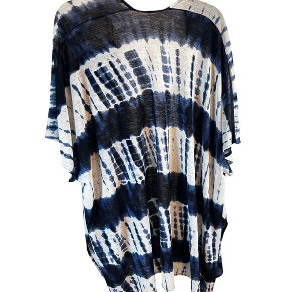 Indigo Tie-Dye Kimono Cardigan One Size Short Sleeve • Flowy Boho Layering - Picture 3 of 5